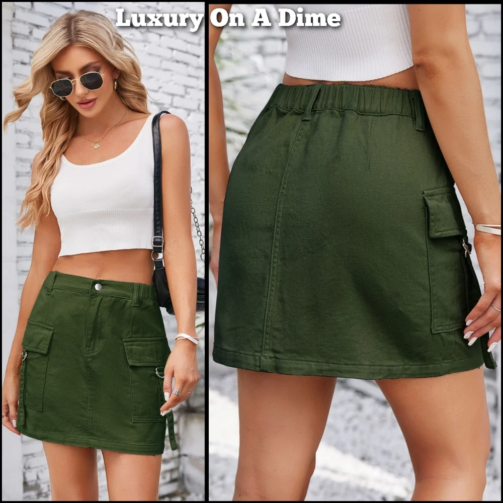 Denim Mini 90s Retro Cargo Side Pocket High-Rise Elastic Waist Green Jean Skirt
